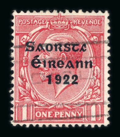 Stamp of Ireland » 1922-23 Thom Three-Line Overprints (T47-T61) 1d Scarlet – “Accent and Final ‘t’ Missing” Variety, Used. A very fine and exceptionally rare used example of the 1d Scarlet, with part slogan cancel, showing the sought-after “accent and final ‘t’ missing” variety. Appa