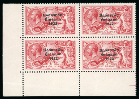 Stamp of Ireland » 1927-28 Wide Date Overprints (T72-T74) 5s rose-rose, mint and mint nh bottom left corner sheet marginal block of four, showing top right stamp from R9/2 with "cicumflex accent" variety, slight marginal crease, fresh, very fine and scarce (Hib. T73c, €780+)