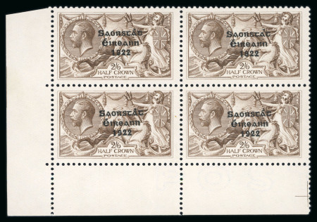 Stamp of Ireland » 1927-28 Wide Date Overprints (T72-T74) 2s6d chocolate, mint and mint nh bottom left corner sheet marginal block of four, top right stamp showing "circumflex accent" variety, fresh, very fine and scarce (Hib. €455+)