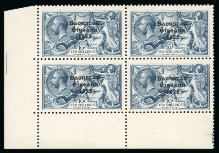 Stamp of Ireland » 1927-28 Wide Date Overprints (T72-T74) 10s dull grey-blue, mint and mint nh bottom left corner sheet marginal block of four, top right stamp showing misformed accent with con-caved top of "A" top right variety, fresh, very fine and scarce (Hib. €1'835+)