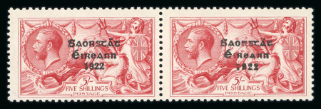 Stamp of Ireland » 1927 Composite Dates Overprints (T69-T71) 5s rose-red, mint and mint nh horizontal pair, a few tone spots, fresh, very fine and scarce (Hib. €575)