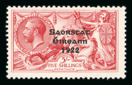 Stamp of Ireland » 1927-28 Wide Date Overprints (T72-T74) 2s6d chocolate and 5s rose-red, mint singles, both showing "circumflex accent", fresh, very fine and scarce (Hib. €610)