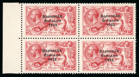 Stamp of Ireland » 1927-28 Wide Date Overprints (T72-T74) 5s rose-red, mint and mint nh left sheet marginal block of four, bottom right stamp showing "circumflex accent" variety, plus top left with "flat-tailed 9", one with thin, a scarce item showing the two varieties (Hib. €6