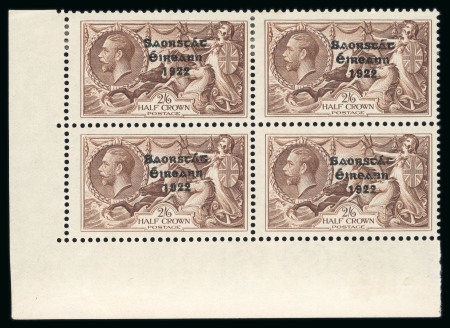 Stamp of Ireland » 1935 Re-Engraved Overprints (T75-T77) 2s6d chocolate, mint and mint nh, bottom left corner sheet marginal block of four, top right stamp showing "flat accent" variety, fresh, very fine and scarce (Hib. €600+)