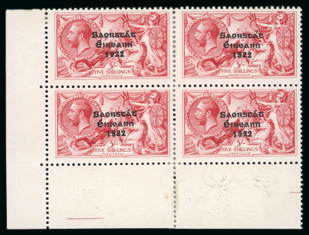 Stamp of Ireland » 1927-28 Wide Date Overprints (T72-T74) 5s rose-red, mint bottom left corner sheet marginal block of four, top right stamp showing "circumflex accent" variety, some perforation reinforcements, fine and scarce (Hib. €645+)