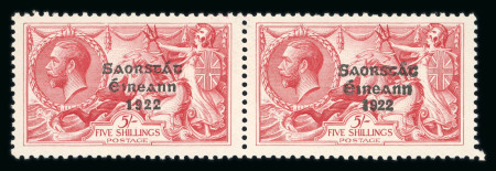 Stamp of Ireland » 1927 Composite Dates Overprints (T69-T71) 5s rose-red, mint horizontal pair, left stamp showing minor variety "accent touching A", fresh, fine and scarce (Hib. T70h, €575)