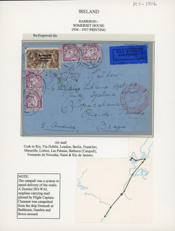Stamp of Ireland » 1935 Re-Engraved Overprints (T75-T77) 2s6d chocolate, single in combination with Sord of Light 6d in two pair, all tied CORCAIGH/30.VIII.37 cds, on catapult flight via Dornier DO-WAL seaplane carrying mail piloted by Flight Captain Claussen, being catapulted