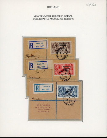 Stamp of Ireland » 1925 Narrow Date Overprints (T66-T68) 2s6d chocolate-brown, 5s rose red and 10s dull grey blue, complete set on miniature registered envelopes to W.T.Wilson, each tied by PARNELL ST/DUBLIN/16.FE.26 cds, a fine and scarce set (T66-T68, €775+ as used singles)