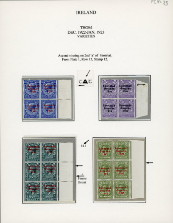 Stamp of Ireland » 1922-23 Thom Three-Line Overprints (T47-T61) 2 1/2d bright blue and 3d bluish violet, both in right sheet marginal blocks of four, plus 4d grey green and 9d olive-green, both in right sheet marginal blocks of six, each block shows one stamp with the "missing accent