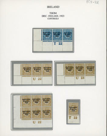 Stamp of Ireland » 1922-23 Thom Three-Line Overprints (T47-T61) 1/2d to 1s attractive assembly of control singles, pairs, strips and blocks of four or six, all neatly mounted on four album pages, a fresh, very fine and interesting group (20) (Hib. T47-T58, €650+)