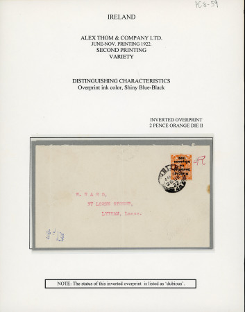 Stamp of Ireland » 1922 (Jul-Nov) Thom Overprints (T25-T41) 2d orange, die II, single showing inverted overprint variety, tied DUBLIN/28.DE.22 cds on cover to England, very fine and scarce for its mysterious and dubious status