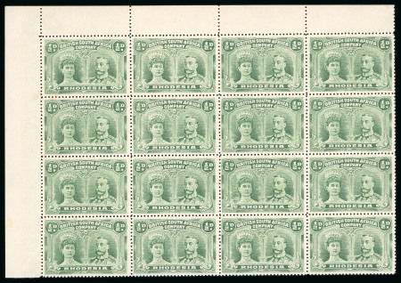 Stamp of Rhodesia 1910-13 1/2d deep dull green pl. III, RJL 9, perforation 14 in mint n.h. upper left corner marginal block of 16