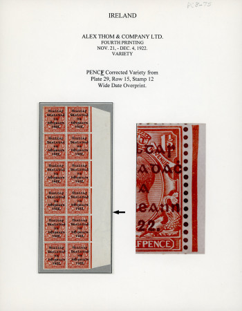 Stamp of Ireland » 1922 (Dec) Thom Overprints - Wide Setting (T42-T46) 1 1/2d red-brown, mint and mint nh, right vertical marginal block of twelve from plate 29, R15/12, showing the "PENCF corrected" variety, fresh and scarce positional block mounted on exhibition page (Hib. T44a, €450+)