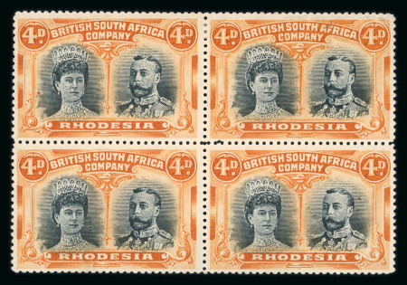 Stamp of Rhodesia 1910-13 4d black and orange, hook headplate, perf.15, mint block of four