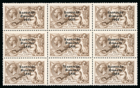 Stamp of Ireland » 1922-23 Thom Three-Line Overprints (T47-T61) 2s6d chocolate-brown, mint nh block of nine from Base Plate 5A, showing corrected "S" over "E" on R9/2 and Guide Block on R10/2, fresh, very fine and an unusual combination of varieties, showpiece, cert. David MacDonnell