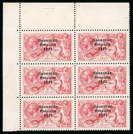 Stamp of Ireland » 1922-23 Thom Three-Line Overprints (T47-T61) 5s rose red, mint and mint nh top left corner sheet marginal block of six, bottom right stamp showing "missing accent" variety, very fine and scarce positional showpiece (Hib.T60a, €1'775+)