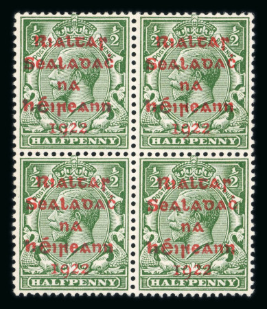 Stamp of Ireland » 1922 Overprint Proofs (PR1-PR29) 1/2d green, unused block of four showing the red proof overprint, very fine and a scarce multiple (Hib.PR8, €800+)