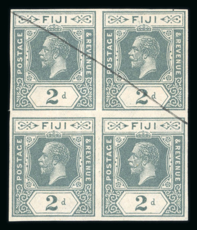 Stamp of Ireland » Essays & Proofs (E1-E167) 1922 De La Rue Paper Trial: Fiji 2d grey with "SE" watermark, block of four with gum and pen stroke, fresh, very fine and scarce (Hib.E167, €1'000+)