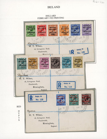 Stamp of Ireland » 1922 (Feb) Dollard Overprints (T1-T14) 1/2d to 1s complete set of eight, plus red overprint set of three, plus a few later Thom low values, all on three registered philatelic covers to Wilson, tied GRANBY ROW/8.MY.22 cds, a very fine trio