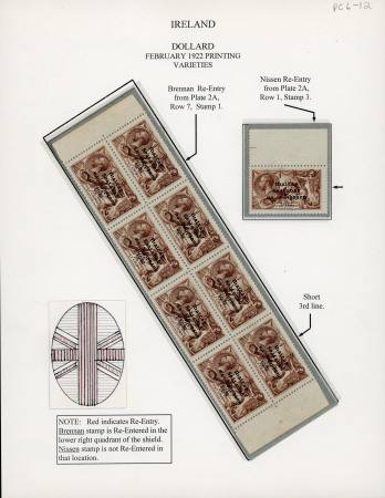 Stamp of Ireland » 1922 (Feb) Dollard Overprints (T1-T14) 2s6d chocolate-brown, mint top marginal single, showing the "Nissen Re-entry" from position R1/3, plus mint nh sheet marginal block of eight showing "Brennan Re-entry" from position R7/1, also R7/4 with short third line,