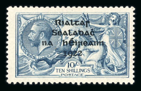 Stamp of Ireland » 1922 (Jul-Nov) Thom Overprints (T25-T41) 10s dull grey-blue, mint single, showing the "retouched 0 of 10" from R1/4 of the broken "S" plate, very fine and and extremely rare variety on the Thom high value (Hib.T41d, €3'500)