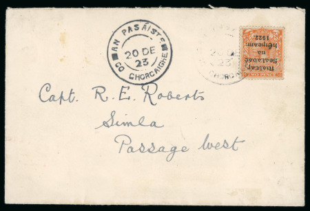 Stamp of Ireland » 1922 (Feb) Thom Overprints (T15-T19) 2d orange, die I, used single, tied AN PASÁISTE/20.DE.23 cds on cover sent locally, showing inverted overprint, very fine and scarce, cert. RPS (1981) (Hib. T16a, €375 for used single)