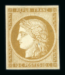 Stamp of France » Type Cérès de 1849-1850 1850, n°1 Cérès 10c bistre-jaune neuf sans gomme (*),