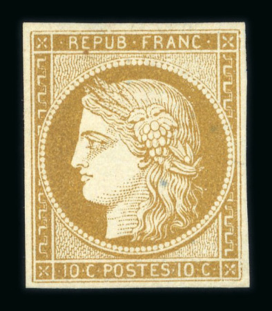 Stamp of France » Type Cérès de 1849-1850 1850, n°1 Cérès 10c bistre-jaune neuf sans gomme (*),