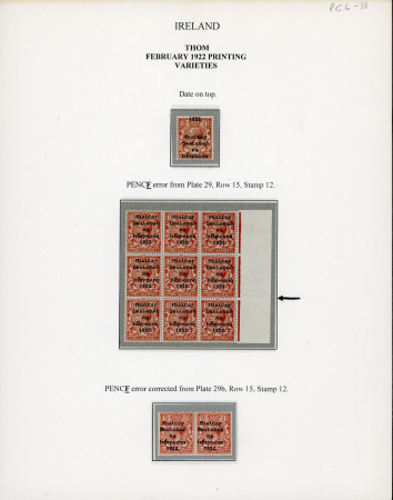 Stamp of Ireland » 1922 (Feb) Thom Overprints (T15-T19) 1 1/2d red-brown, mint and mint nh, right sheet marginal block of nine, showing "PENCF" error from Plate 29 position R15/12, plus horizontal pair with "PENCF corrected" from Plate 29b position R15/12, also single with "d