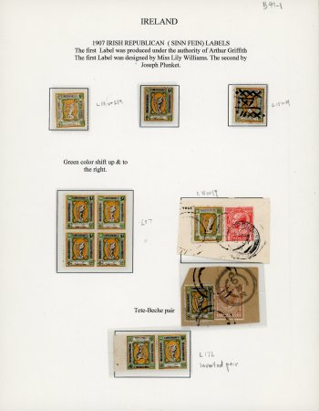 Stamp of Ireland » Forerunners (L1-L45) 1907-16 Sinn Féin Propaganda Labels: Broad and narrow crown labels, including unused block of four and left marginal tete-beche pair etc., mixed to very fine, a fine group (11) (Hib. L17, L17b, L18-19, €1'200+)