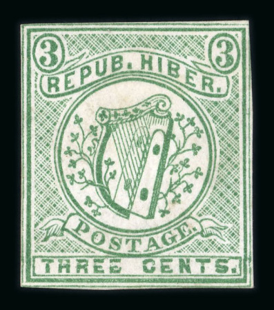 Stamp of Ireland » Forerunners (L1-L45) 1865-67 Fenian Issue: 3c green, unused, close to clear margins, slight stain, fine and very rare (Hib. L4, €1'200)