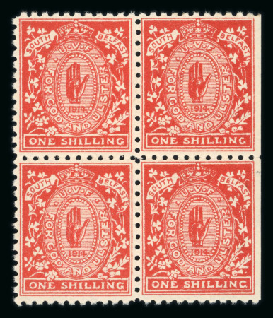 Stamp of Ireland » Forerunners (L1-L45) 1914 Anti Home Rule: "South Belfast" 1s red, mint block of four, slight gum disturbance, fresh, very fine and a scarce label in a multiple (Hib. L27, €800+)