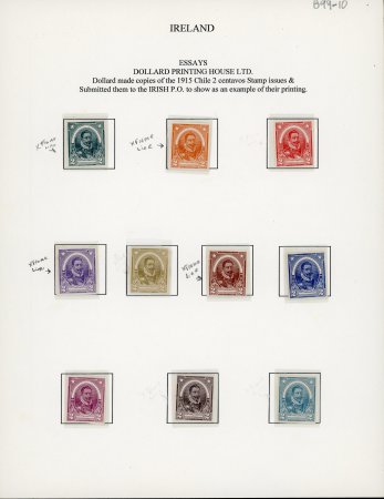 Stamp of Ireland » Essays & Proofs (E1-E167) 1922 Dollard: Valdivia Imperforate essays complete set of the ten different colours, four of which are showing the extra frame line at left, fine to very fine, a scarce set (10) (Hib. E56-E65, €1'050)