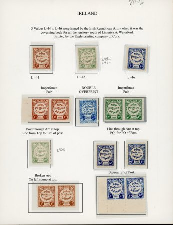 Stamp of Ireland » Forerunners (L1-L45) 1922 Irish Republican Army: Attractive selection of all three values neatly mounted and written up on an exhibition page, showing 1d brown, single, pair and imperforate pair, 2d green, single and imperforate pair, 6d blu
