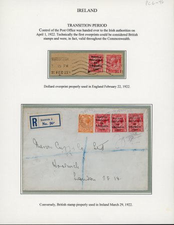 Stamp of Ireland » Political & Transitional Periods » The Consequences of Transition - February 17, 1922 to March 31, 1922 1922 Dollard 1/2d green on GB 1d red postal card, tied by PHIBSBOROUGH D.O./22.FE.22 cds, plus registered cover from Limerick franked Dollard 1d scarlet (3) and GB 2d orange all tied LIMERICK/29.MR.22, also two fragments