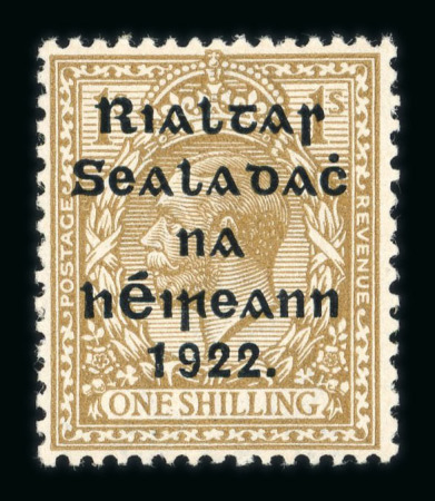 Stamp of Ireland » 1922 (Dec) Thom Overprints - Wide Setting (T42-T46) 1s olive-bistre, mint nh single, showing "ONF for ONE" variety, fresh, very fine and scarce (Hib. T46a, €525)