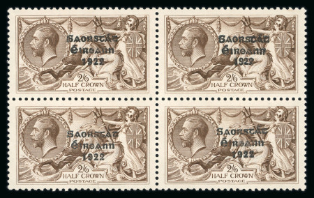 Stamp of Ireland » 1927 Composite Dates Overprints (T69-T71) 2s6d chocolate-brown, 5s rose-red, 10s grey-blue, mint and mint nh set of vertical composite pairs, with the 2s6d value in a block of four with two other wide ovpts, a very fine and scarce set (Hib. T69v-T71v, €2'350+)