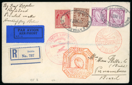 Stamp of Ireland » Airmails 1932 9th South American Zeppelin Flight addressed to Brazil, registered cover from Dublin with Definitive franking tied oval DUBLIN/18.OCT.32 cds, with Flight cachets in red alongside, very fine and attractive (Mi. 286b)