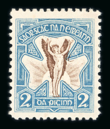 Stamp of Ireland » Essays & Proofs (E1-E167) 1922 Hely Ltd: Lithographed Monocolour & Bi-coloured 2d essays in yellow-orange and brown & blue, fine to very fine, a scarce pair (2) (Hib. E70/E83, €280)