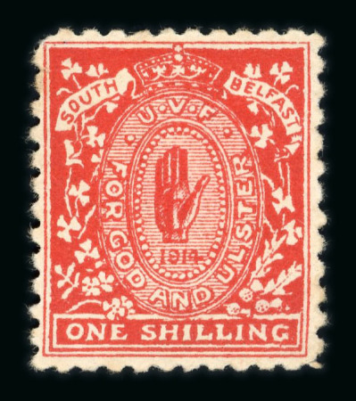 Stamp of Ireland » Forerunners (L1-L45) 1914 Anti Home Rule: (1d) Carson, (1d) Red Hand, (1d) orange and 1s South Belfast, three large unused vignettes, few faults, plus two political postcards, one of Carson and one showing Ulster's Prayer map card, scarce gr
