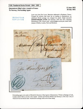 Stamp of Ireland » Postal History (Arranged alphabetically by County) Cork - Queenstown: 1853 (12.6) Folded entire from Port Louis, Mauritius addressed to Bordeaux, charged the 8d uniform shipletter fee on landing in Queenstown, no additional postage was charged for transit, showing samll 