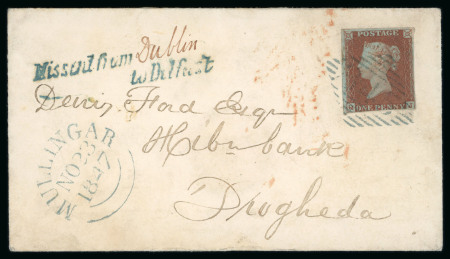 Stamp of Ireland » Postal History (Arranged alphabetically by County) Westmeath - Mullingar: 1847 (23.11) Envelope from Mullingar to Drogheda, franked 1841 1d red tied by green "345" diamond with MULLINGAR/NO.23.1847 cds alongside, plus a scarce example of the italic and manuscript Missent