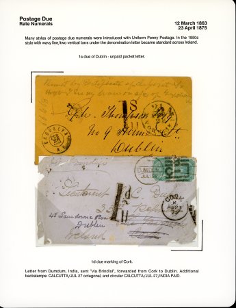 Stamp of Ireland » Pre-Stamp Postal History » Collections, lots etc. 1863-1875 Uniform 1d and 1s Post Due mkgs in black on three covers, two sent from USA and one from India, a fine group (3)