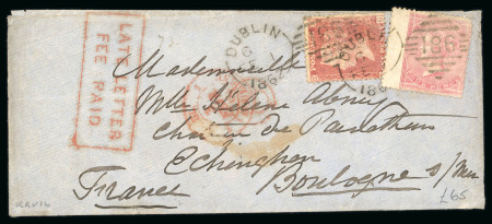 Stamp of Ireland » Pre-Stamp Postal History » Collections, lots etc. 1848-1895 Late Mail: Selection of six covers or cards all showing an array of Late mkgs, including boxed red LATE LETTER/FEE PAID, boxed red LATE MAIL, boxed black Late Fee/Paid, Dublin LATE FEE duplex, Dublin TOO LATE d