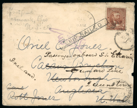 Stamp of Ireland » Postal History (Arranged alphabetically by County) Cork - Queenstown: 1895 Envelope from the USA to Anglesea; Wales, franked Grant 5c brown, forwarded on arrival to "Passenger on Board SS Etruria, Cunard Line, Queenstown, then returned to America with very rare strike of