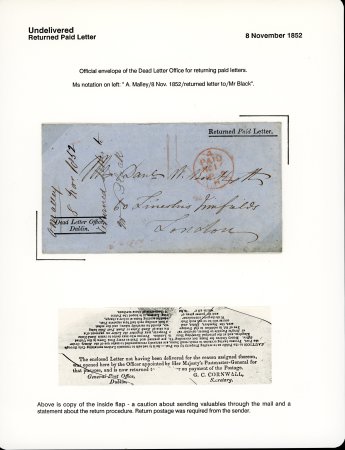 Stamp of Ireland » Postal History (Arranged alphabetically by County) Dublin: 1852 (1.11) Official printed envelope from the Dead Letter Office, from Dublin to London, with manuscript "A.Malley/8 Nov. 1852/ returned to/Mr Black" annotation on the left, showing printed instruction on the in