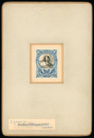 Stamp of Egypt » 1888-1906 New Currency 1906 Essay of Bradbury Wilkinson & Co. Ltd.: 5m turquoise and black, Sphinx and Pyramid on presentation cards with vignette pasted at the bottom, Engraved by Bradbury Wilkinson & Co. Ltd, London, plus date hs on reverse 