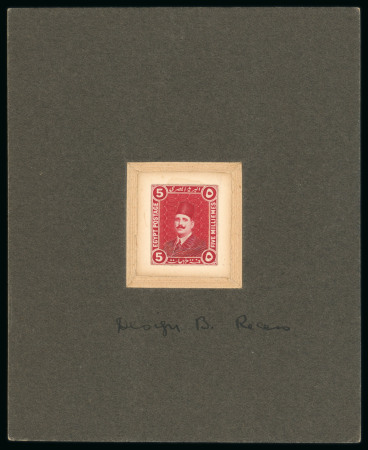 Stamp of Egypt » 1922-1936 King Fouad I Definitives » Essays 1922 Essay by Perkins, Bacon & Co., Ltd., London: 5m red, mock up, composite essays similar to Nile Post E212, on large presentation card, with manuscript labelling "Design B Recess", an attractive and wonderful showpiec