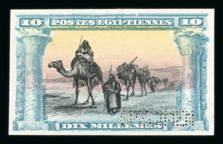 Stamp of Egypt » 1888-1906 New Currency 1906 Essay of Bradbury Wilkinson & Co. Ltd.: Camel & Bedouins 10m turquoise and black, imperforated essay on thin paper with perforated SPECIMEN, very fine, attractive and rare