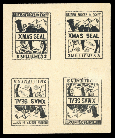Stamp of Egypt » British Forces in Egypt 1932-35 1932 Essay for the British Forces "Christmas Seals": 3m black on grey gummed paper, miniature sheet showing two different designs and with two tete-beche pairs, one thinned, extremely rare showpiece